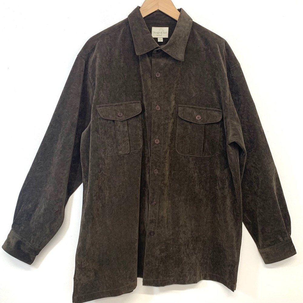 Trader Bay Mens Button Down Shirt Brown Long Sleeve XL Pocket Casual Heavy